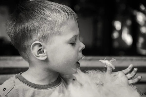 Niño comiendo dulces dulces de algodón —  Fotos de Stock