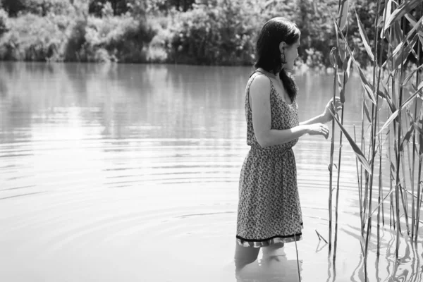 Bruneta stojící v jezeře — Stock fotografie
