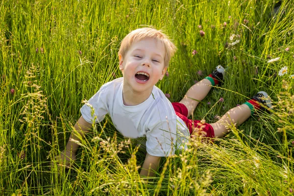 Menino brincando no campo — Fotografia de Stock