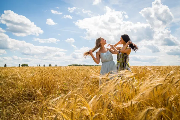 Meisjes staan in een tarweveld. — Stockfoto