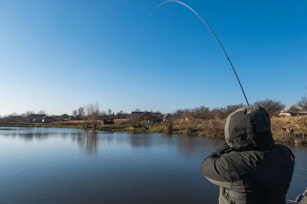 Fisherman Rod Spinning Reel Lake — Stock Photo, Image