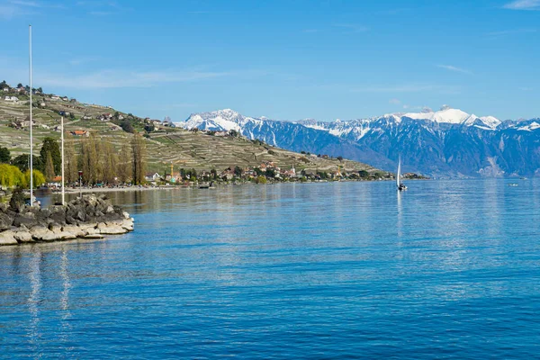 Υπέροχη Θέα Στη Λίμνη Της Γενεύης Και Βουνά — Φωτογραφία Αρχείου