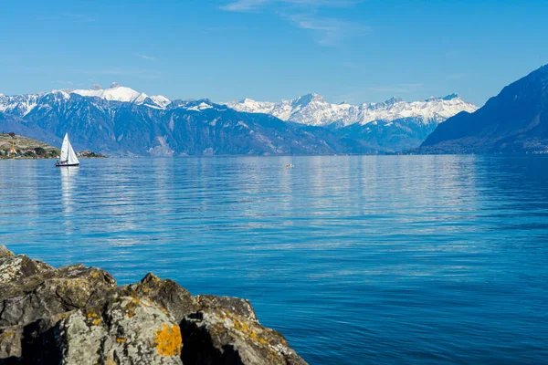 Segelboot Auf Dem Genfer See Unglaubliche Landschaft — Stockfoto