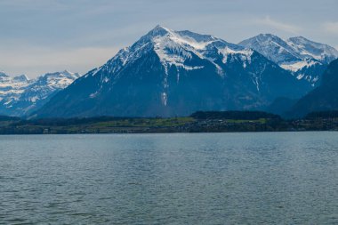 İsviçre 'de Thun Gölü, dağlar ve göl manzarası