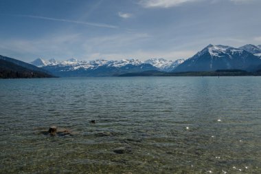 İsviçre 'de Thun Gölü, dağlar ve göl manzarası