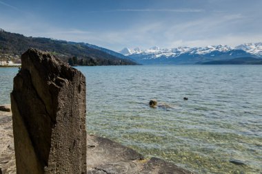 İsviçre 'de Thun Gölü, dağlar ve göl manzarası
