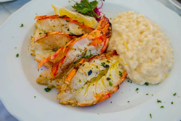 Grilled Shrimp Rice White Plate Stock Photo