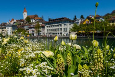 Thun şehrinin ve İsviçre 'deki nehrin güzel manzarası