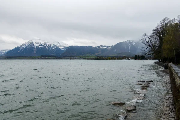 Miasto Thun Jezioro Thun Pochmurną Deszczową Pogodę — Zdjęcie stockowe