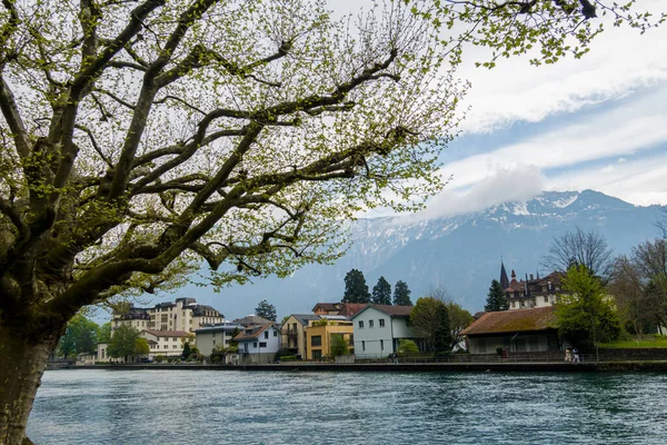 Miasto Interlaken Nabrzeże Rzeki Przepiękne Krajobrazy — Zdjęcie stockowe