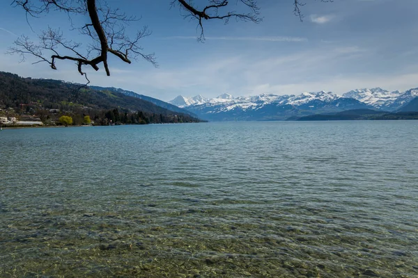 İsviçre 'de Thun Gölü, dağlar ve göl manzarası