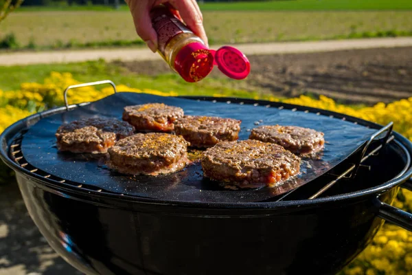 Cooking Burgers Charcoal Grill Food Nature —  Fotos de Stock