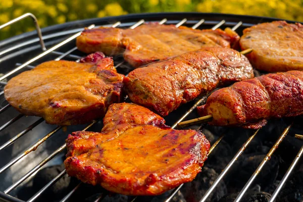 Fleisch Auf Einem Kleinen Holzkohlegrill Zubereiten — Stockfoto