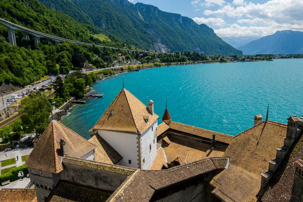 View Chillon Castle Lake Geneva Incredible Landscape — Foto de Stock