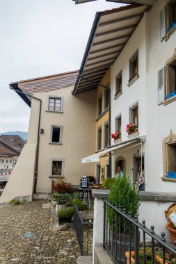 The beautiful and picturesque town of Gruyeres in Switzerland. Architecture and landscapes