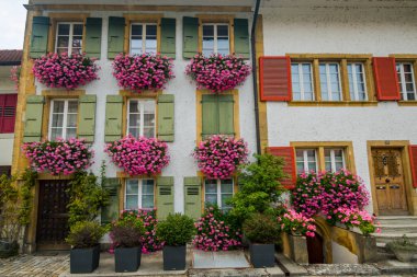 Muhteşem İsviçre kenti Murten Mimarlık. antik güzel şehir