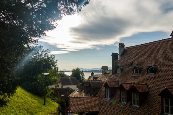 Wspaniałe Szwajcarskie Miasto Architektury Murten Starożytne Piękne Miasto — Zdjęcie stockowe