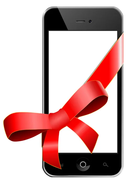 Мобильный телефон с красным бантом на белом фоне в подарок — стоковое фото