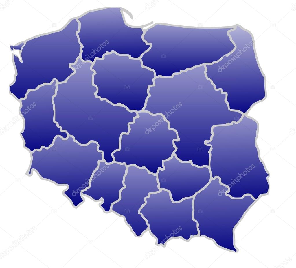 Map of Poland in a blue color isolated on a white background with 16 voivodeships.