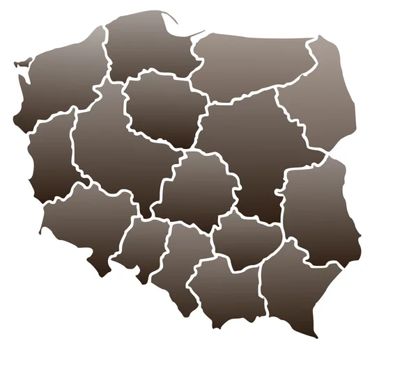 16 voivodeships와 흰색 배경에 고립 된 갈색 색깔에 있는 폴란드의 지도. — 스톡 사진