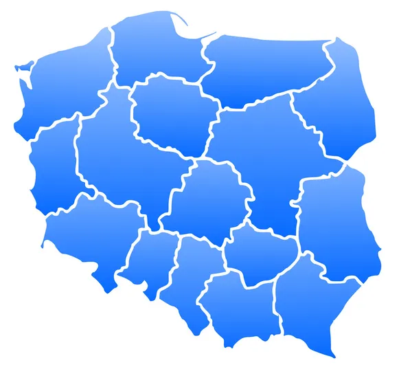 Kaart van Polen in een blauwe kleur geïsoleerd op een witte achtergrond met 16 woiwodschappen. — Stockfoto
