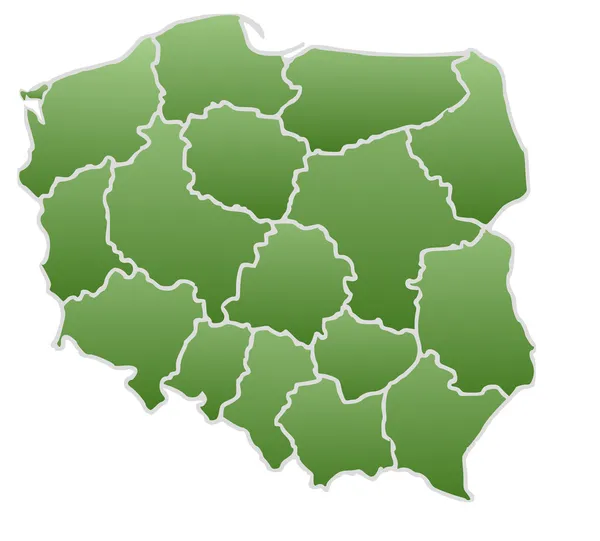 Mapa da Polônia em uma cor verde isolada em um fundo branco com 16 voivodias . — Fotografia de Stock