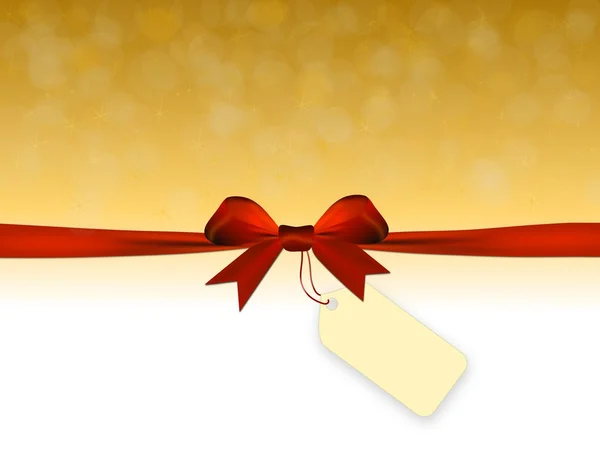 Shiny golden background with red bow with price tag — Stock Photo, Image