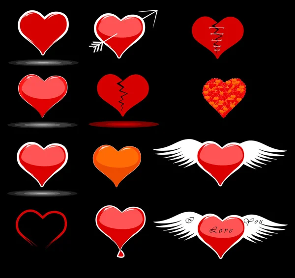 Herzaufkleber und Symbole für einen Valentinstag — Stockvektor