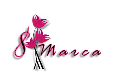 Uluslararası kadının günde 8 Mart. pembe çiçekli harflerle tarihi.