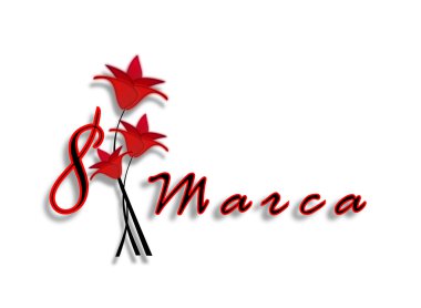 Uluslararası kadının günde 8 Mart. Kırmızı çiçekli harflerle tarihi.