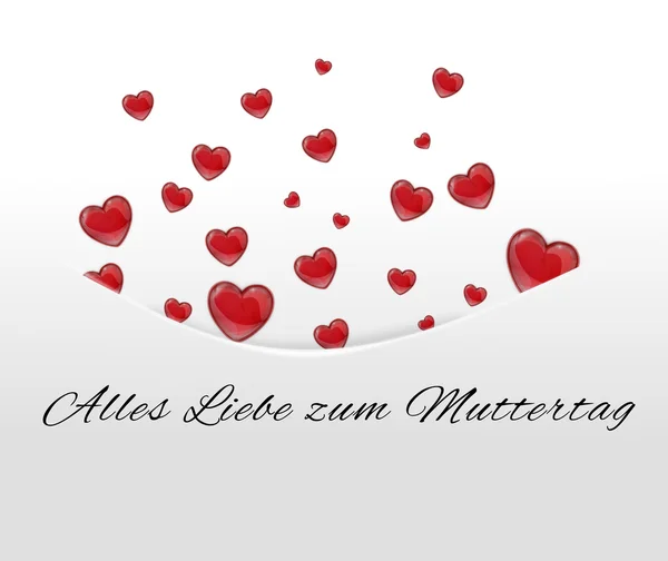 Tarjeta blanca, bolsillo con corazones rojos escondidos en alemán — Foto de Stock