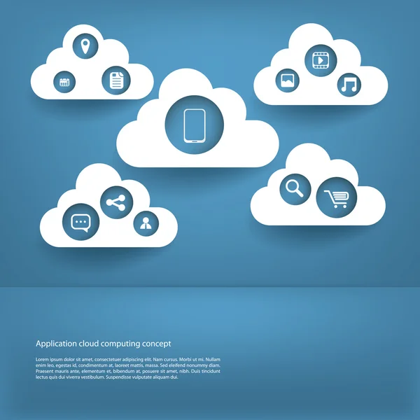 Cloud Computing-Anwendungskonzept mit Symbolen in der Cloud und Platz für Text — Stockvektor