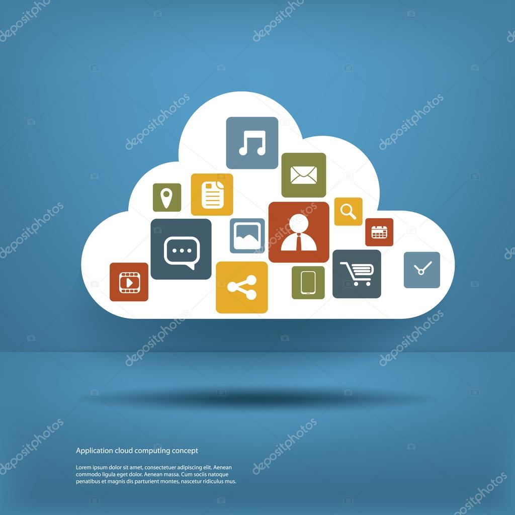 Cloud computing application concept with icons in the cloud and space for text