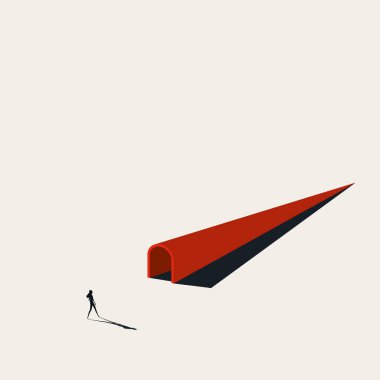 İş kadını tünele giriyor, vektör konsepti. Kariyer yönü, dar bir seçim, uygun bir sembol. En küçük illüstrasyon