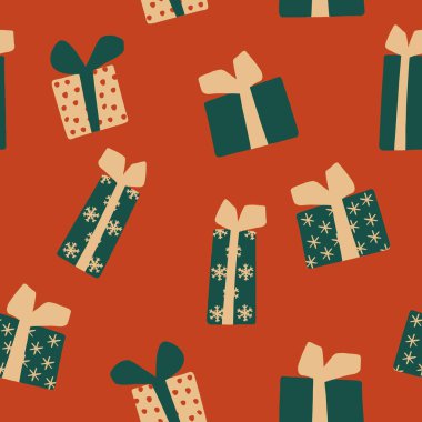 Kırmızı arka planda hediyelerin kusursuz Noel vektör deseni