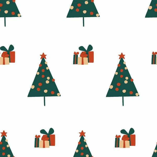 Απρόσκοπτη Χριστούγεννα Διάνυσμα Μοτίβο Χριστουγεννιάτικο Δέντρο Και Δώρα — Διανυσματικό Αρχείο