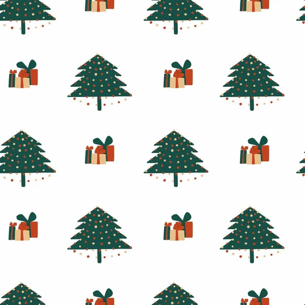 Patrón Vector Navidad Inconsútil Árbol Navidad Regalos — Vector de stock