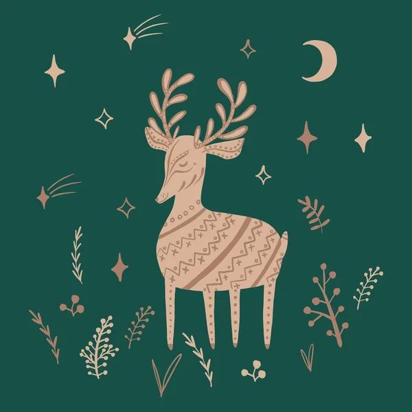 Set Christmas Deer Plants Stars — Stock Vector