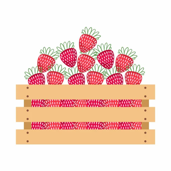 나무 상자에 딸기 가 들어 있어. 유기농 농장에서 자란 유기농 야채를 팔고 있습니다. 수확, 축제 및 축제라는 주제에 관한 벡터 삽화. — 스톡 벡터