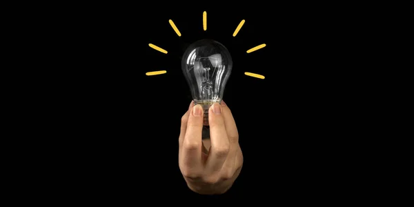 Creative Idea Bulb Hand Black Background Copy Space — Stock Photo, Image