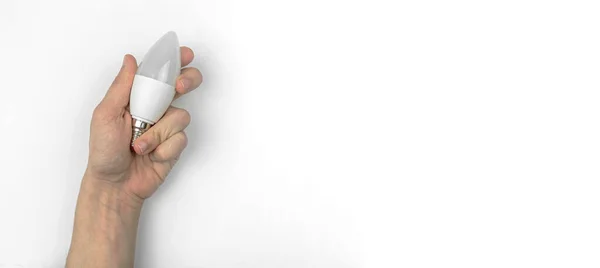 Χέρι Λάμπα Led Λευκό Φόντο Τραπεζιού Χώρο Αντιγραφής Banner Φωτογραφία — Φωτογραφία Αρχείου