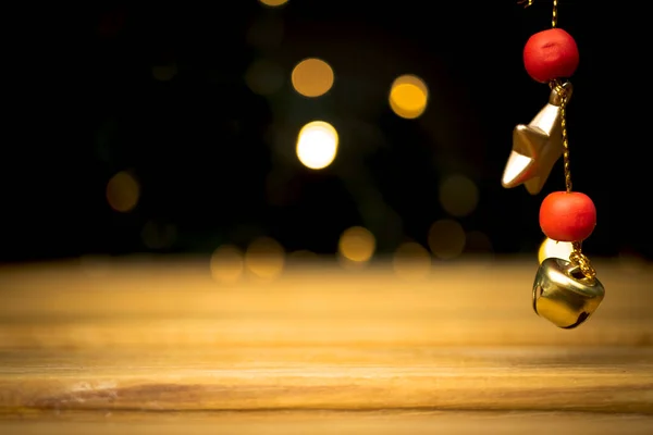 Empty Wooden Table Christmas Lights Golden Sparkles Bokeh Holiday New — Stock Photo, Image