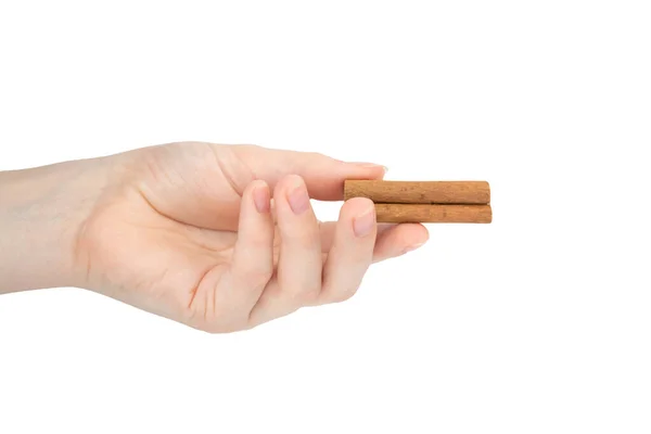 Cinnamon stick in woman hand isolated on a white background photo — Stock Photo, Image