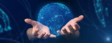 Metaverse evren bayrağı. İnternet dijital dönüşümü, yeni nesil teknoloji çağı. Küresel sanal gerçekliğe sahip eller, sosyal medya platformu. İş arka planı çift pozlama