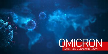 Dünya haritasında Omicron COVID-19 varyantı. Salgın hastalık konsepti. Koronavirüs mikrobu geçmişi. SARS-CoV-2. B.1.1.529