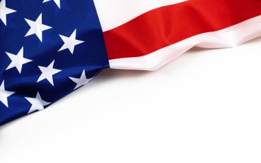 Beyaz arka planda ABD bayrağı. Üst görünüm, boşluğu kopyala. Anma Günü için Amerikan bayrağı, 4 Temmuz, İşçi Bayramı konsepti