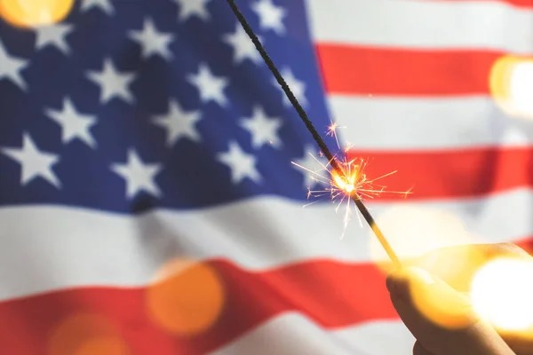 Αμερικάνικη Σημαία Και Φωτοβολίδες Ηπα Ιουλίου Φόντο Εορτασμού — Φωτογραφία Αρχείου