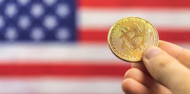 Arka planda Bitcoin ve ABD bayrağı olan el yazısı. Kripto para birimi ve Amerika Birleşik Devletleri kavramı