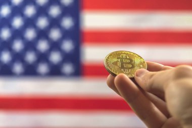 Arka planda Bitcoin ve ABD bayrağı var. Kripto para birimi ve Amerika Birleşik Devletleri kavramı 