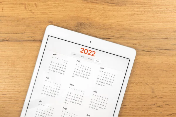 Calendar 2022 Screen Wooden Table Background Business Desktop Goals Planning — Stock Photo, Image